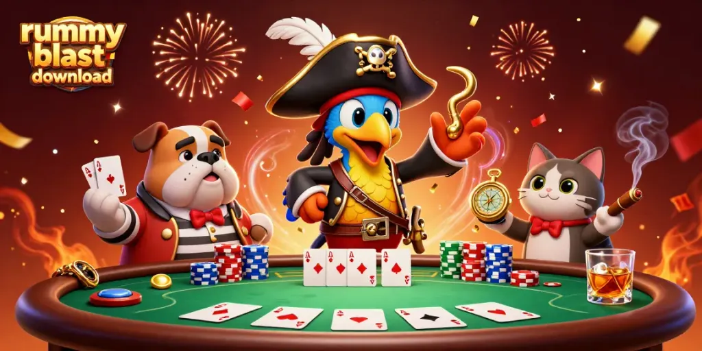 Join the excitement with rummy blast download as colorful characters engage in thrilling card gameplay.