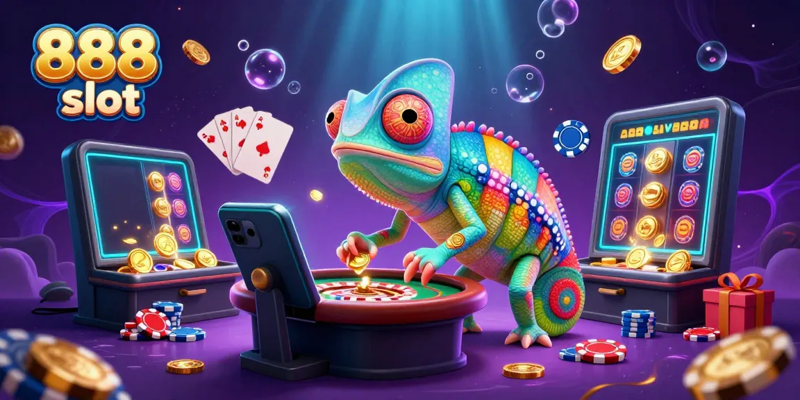 Menghadirkan 888 slot dengan chameleon kasir kasino dan elemen permainan yang memikat dalam ilustrasi 3D.