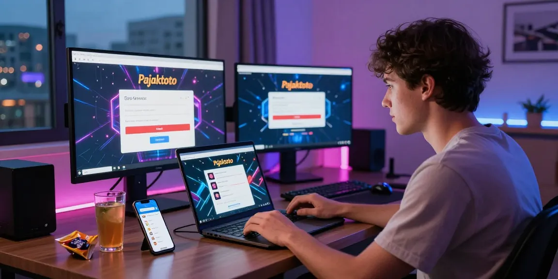 Pajaktoto login page displayed on multiple screens in a vibrant home setting with casual gamer engaged.