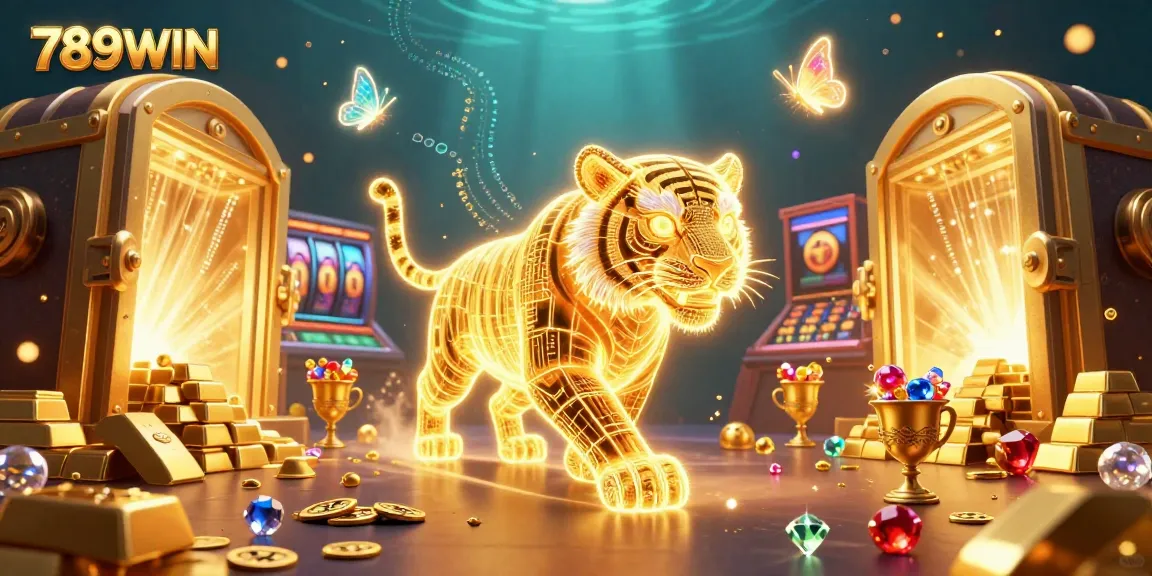 Experience the dazzling world of 789WIN with golden treasures, dynamic gameplay elements, and a neon tiger navigating the casino