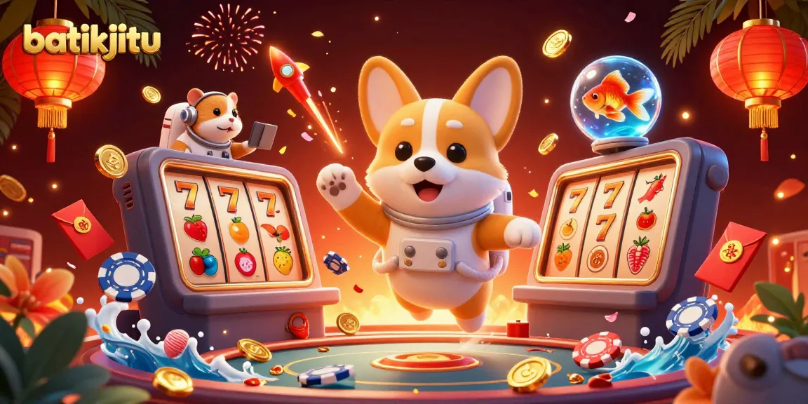 Bermain di batikjitu dengan corgi astronaut dan elemen kasino meriah dalam ilustrasi 3D yang penuh warna.