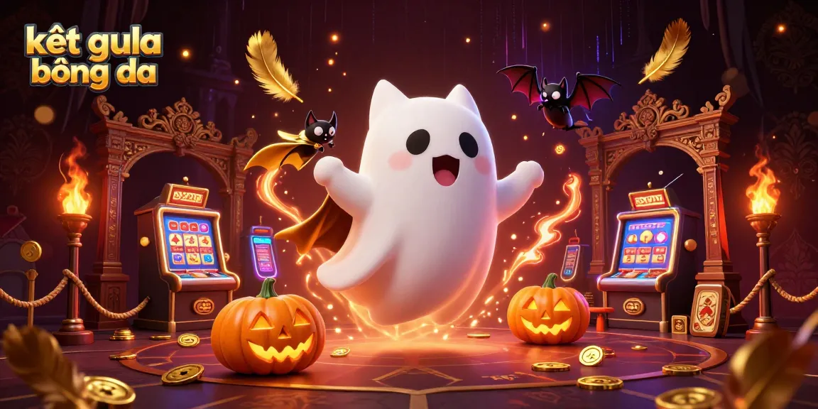 Experience kết quả bóng đá with ghost cat and vampire bat amidst glowing poker-themed elements.