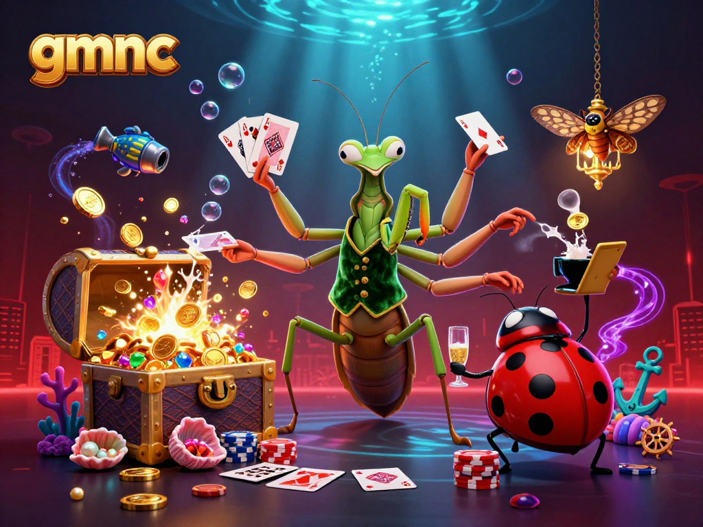 Experience high-stakes excitement at gmnc casino with a dynamic 3D illustration of a mantis card sharp and ladybug pit boss amidst vibrant game elements.