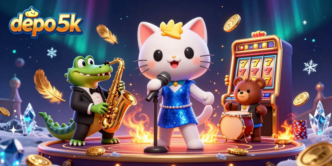 Spin to win jackpots at depo 5k, featuring vibrant casino characters and slot reels.