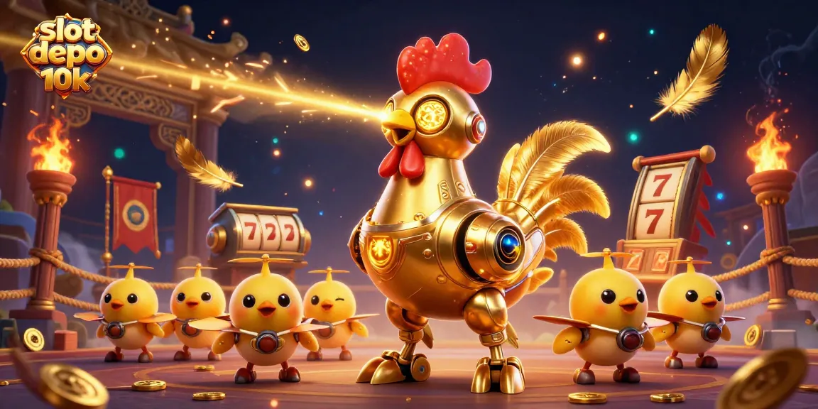 Memenangkan slot depo 10k sambil menikmati aksi 3D ayam robot berkilau dan drone anak ayam, penuh suasana kasino.