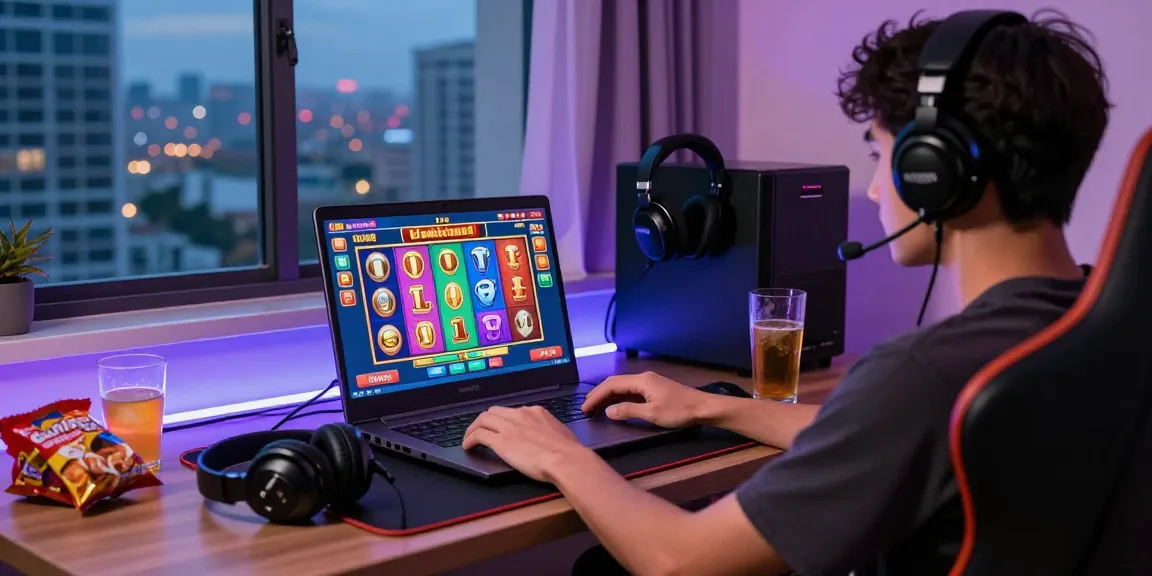 Engaged player enjoying bandar slot resmi gaming at stylish home setup with vibrant visuals and modern atmosphere.