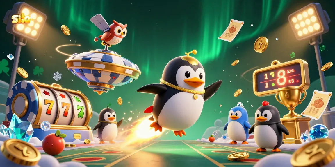 Memenangkan slot dengan penguin emas yang menembus luar angkasa, mengumpulkan koin emas.