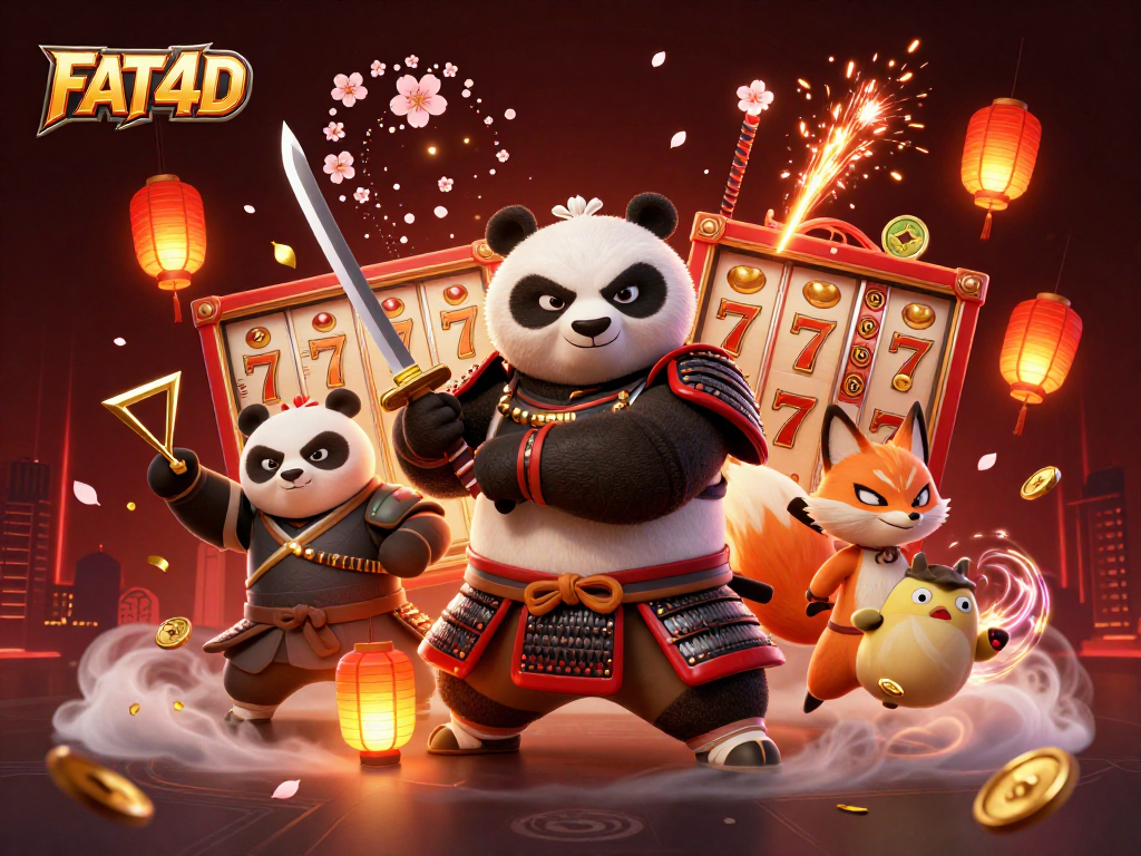 Engage with FAT4D's dynamic slots scene featuring charismatic characters and animated game elements.