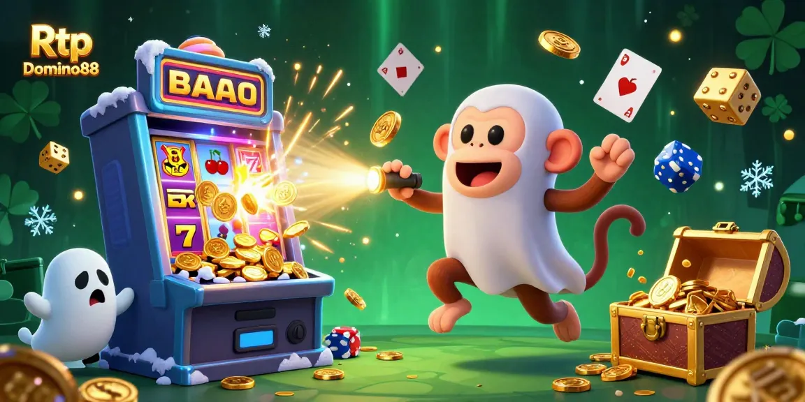 Engage with the vibrant Rtp Domino88 illustration depicting a mischievous monkey and ghost-hunter puppy in a lively casino.