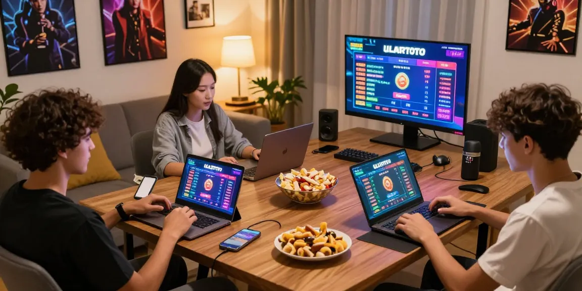 Engaged gamers enjoying ULARTOTO online togel betting in a vibrant home setting.
