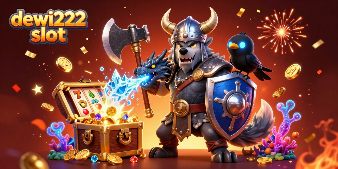 Experience the exciting world of dewi222 slot with a fierce Viking warrior, dragon, and vibrant slot elements.