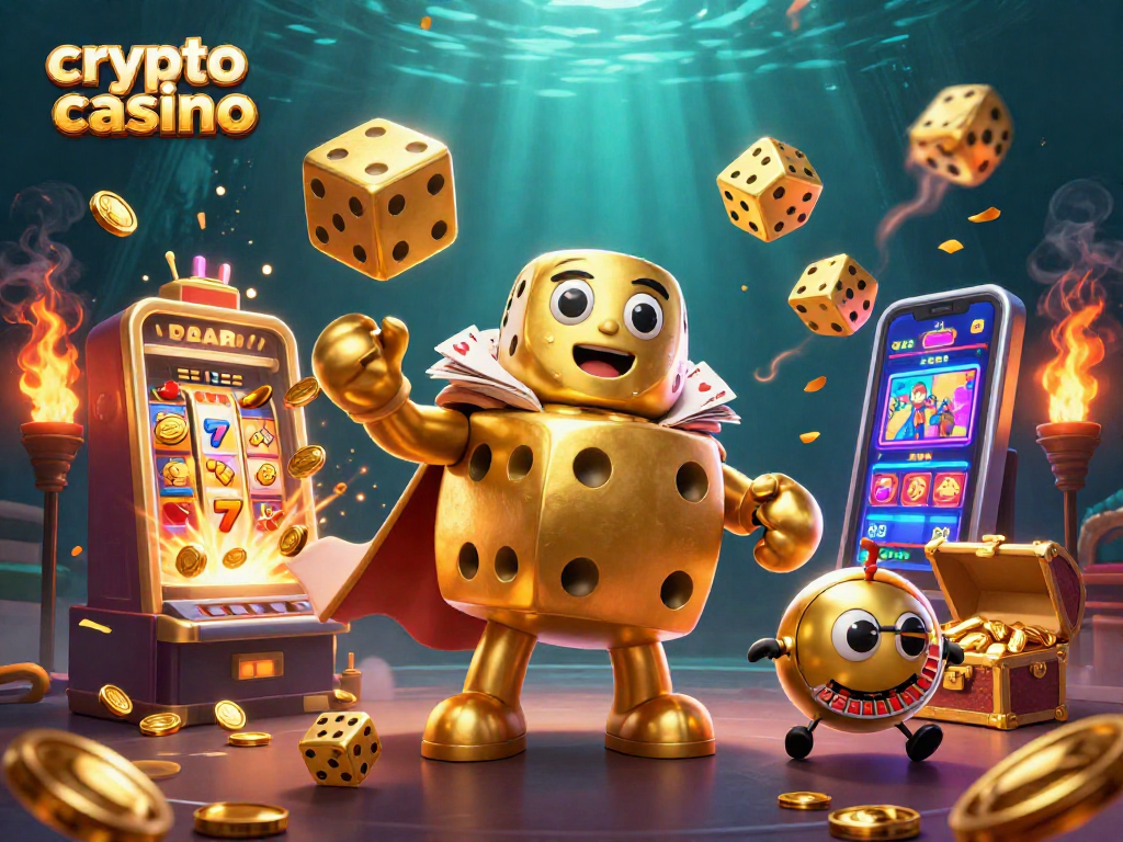 Experience thrilling excitement at a crypto casino with animated golden dice and colorful slot machines.