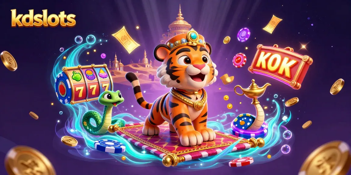 Spin for jackpots at kdslots with an enchanting illustration of a tiger sultan and gaming elements.