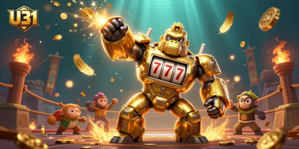 Engage in thrilling U31 gaming with a vibrant illustration of a golden gorilla mech at an engaging casino.