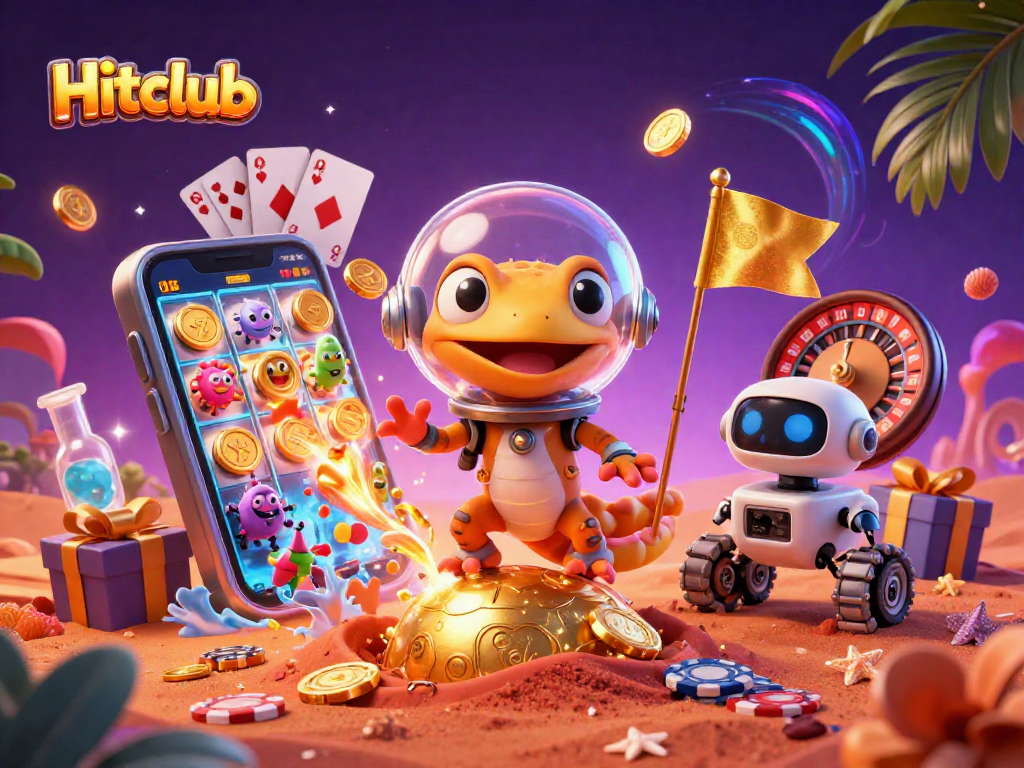 Hitclub offers thrilling gaming action with a vibrant 3D cartoon Martian gecko exploring a golden casino.