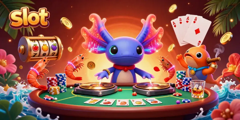 Engage in slot gameplay with a colorful axolotl DJ, fruit symbols, and vibrant poker elements.