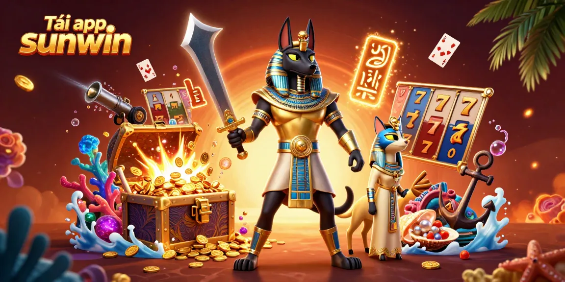 Win exciting rewards when you tải app sunwin, featuring Anubis and Bastet amidst rich game elements.