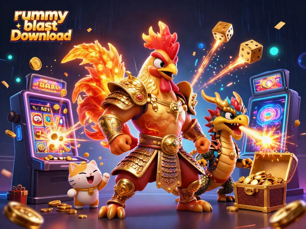 Play to win with the rummy blast download, featuring vibrant characters and casino elements.