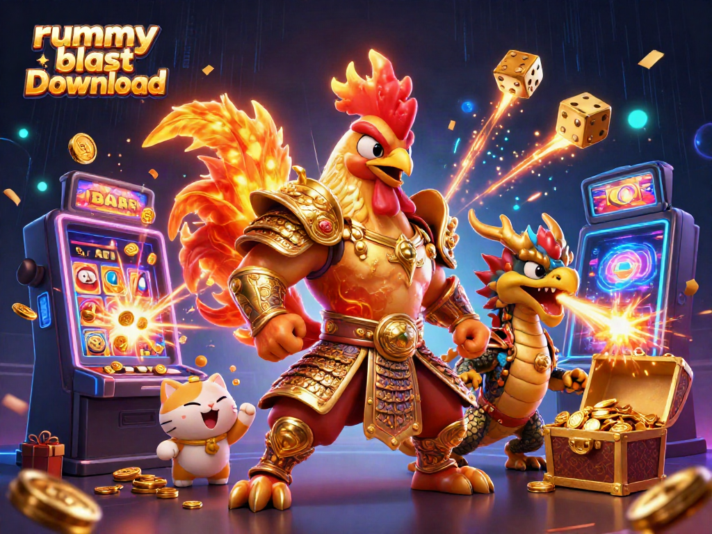 Play to win with the rummy blast download, featuring vibrant characters and casino elements.