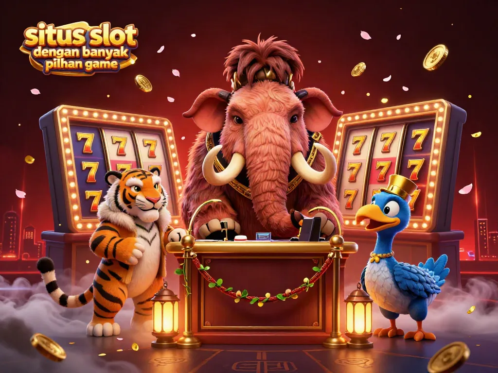 Ilustrasi 3D menampilkan situs slot dengan banyak pilihan game, dikelilingi simbol keberuntungan dan karakter unik.