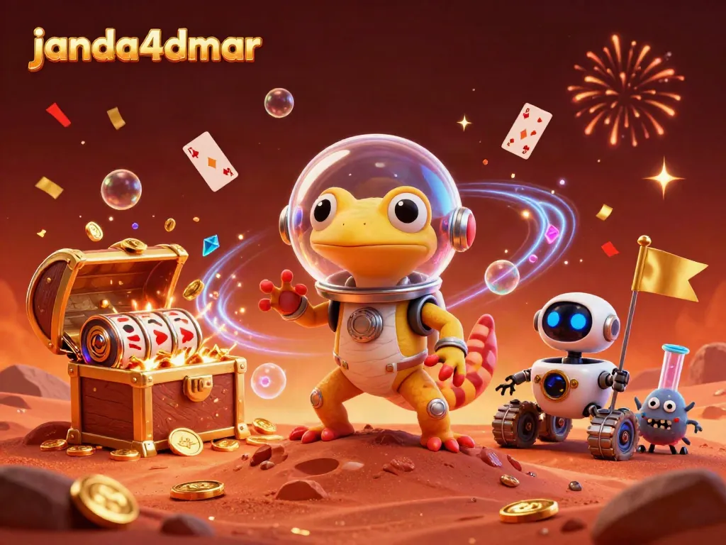 Gecko Mars menjelajahi kasino emas di Mars, janda4dmar dengan elemen slot yang dinamis.
