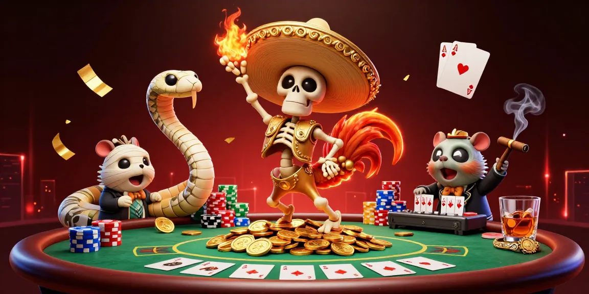 Engage with DAUNEMAS: a vibrant casino scene featuring a cartoon mariachi rooster, poker chips, and golden coins.