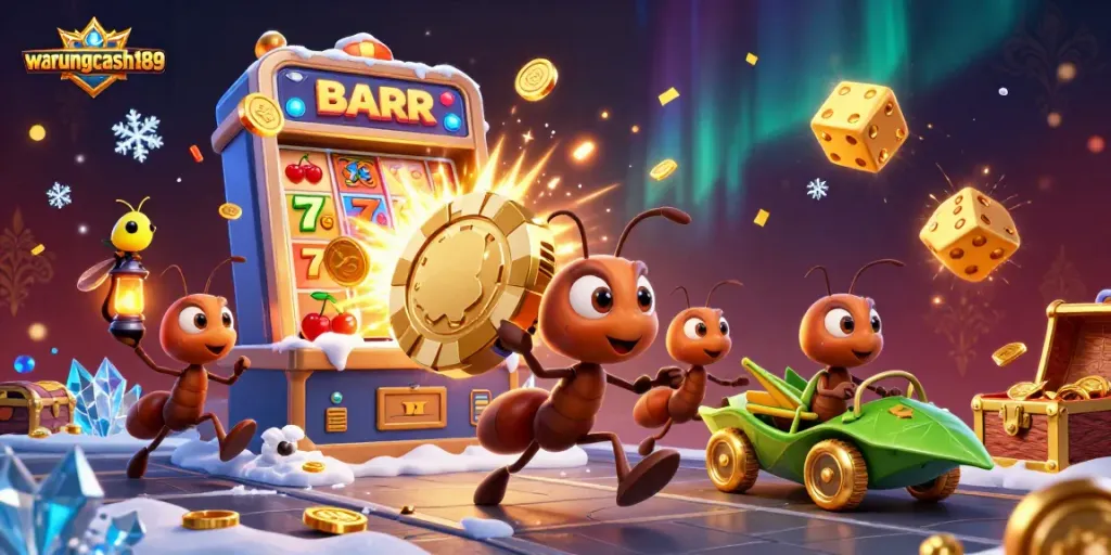 Experience excitement with warungcash189, featuring ants heisting a giant poker chip amidst casino chaos.