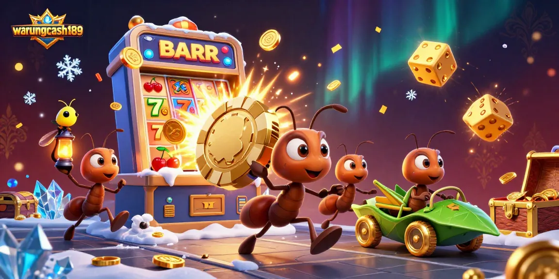 Experience excitement with warungcash189, featuring ants heisting a giant poker chip amidst casino chaos.