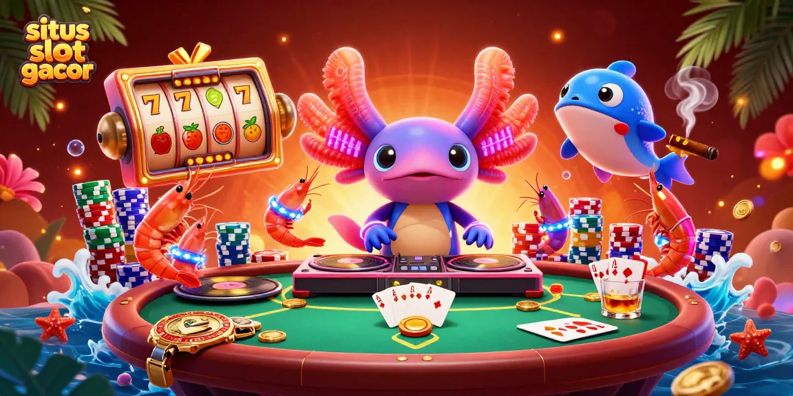 Engage with situs slot gacor in a vibrant scene of a DJ axolotl and lively casino characters.