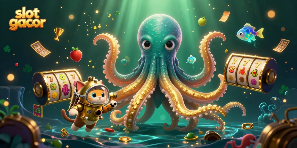 Play slot gacor with a vibrant 3D illustration showcasing exciting casino elements and underwater characters.