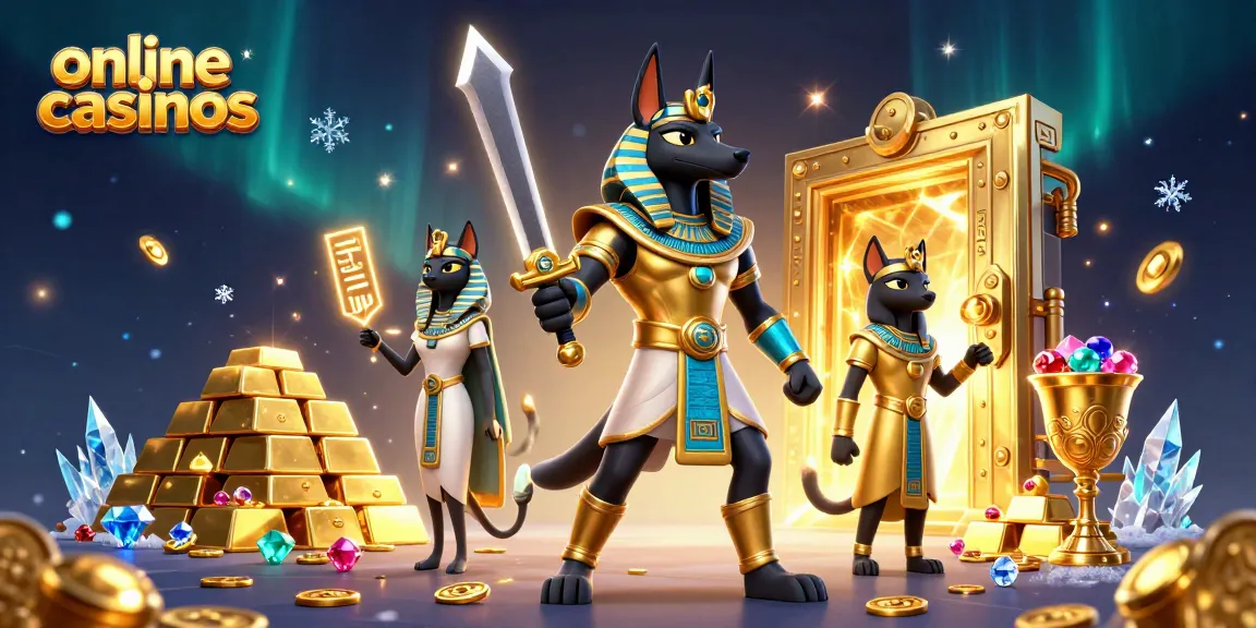 Experience the excitement of online casinos with ancient Egyptian warriors and items in a vibrant scene.