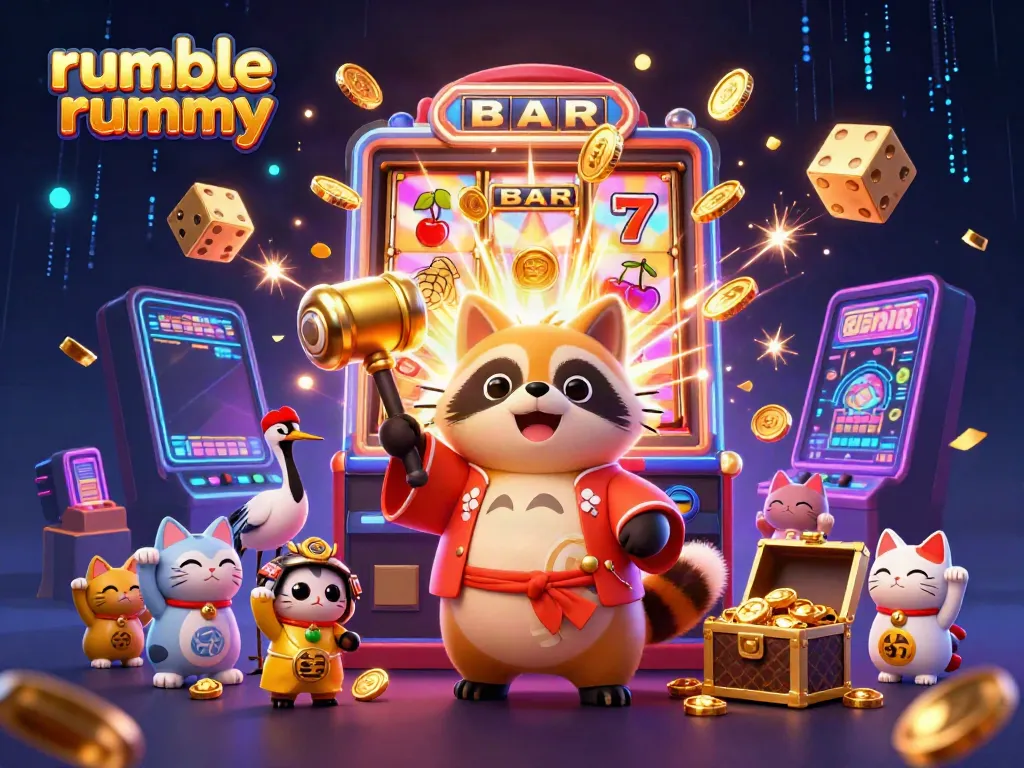 Experience excitement with the vibrant Rumble Rummy scene featuring a cheerful tanuki and dynamic casino elements.