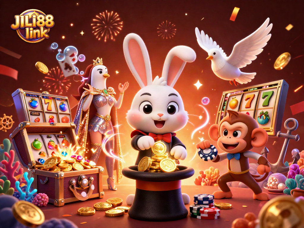 Experience the thrill of the JILI88 link with a magician, dove, and monkey in vibrant casino action!