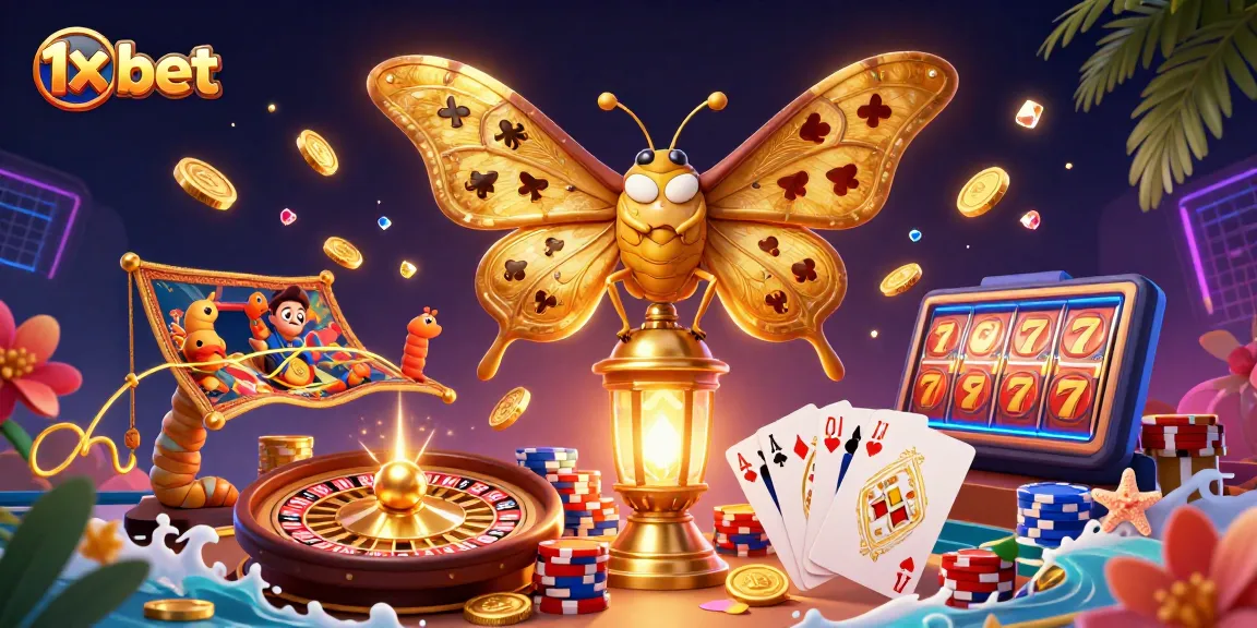 Experience the thrill of 1x bet with a vibrant scene featuring casino elements like golden coins, playing cards, and a roulette wheel.
