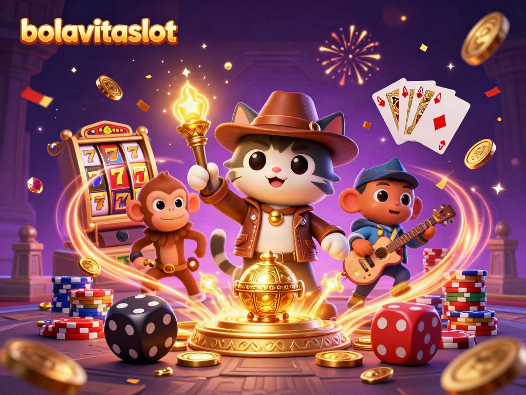 Experience the thrills of bolavitaslot as a daring cat uncovers treasures in a vibrant casino-themed temple.
