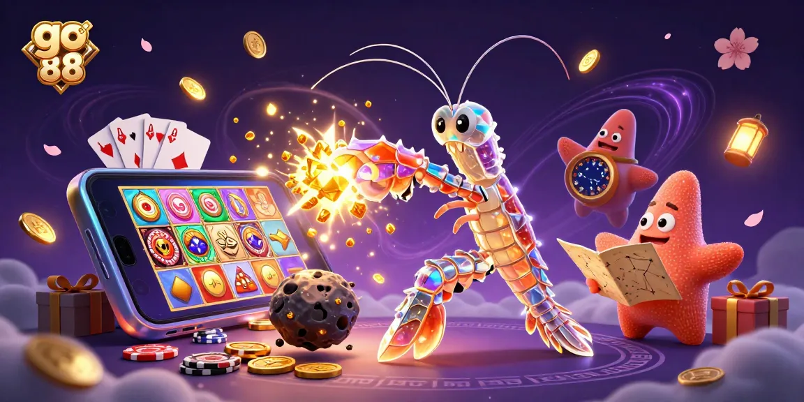 Engage in thrilling gameplay with go 88 as a cartoon mantis shrimp battles asteroids amidst coins and gaming elements.