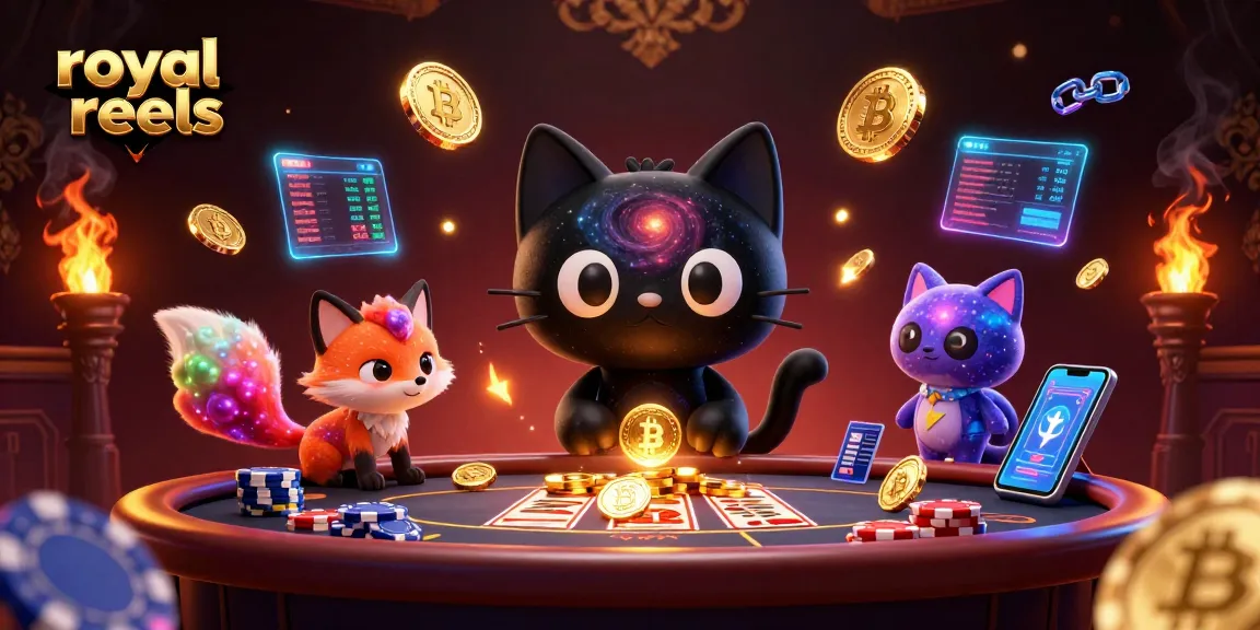 royal reels casino illustration depicting a cosmic gaming environment filled with exciting characters and crypto elements