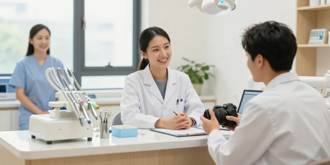 Check out this site for an inviting dental office with a friendly dentist consulting a patient.