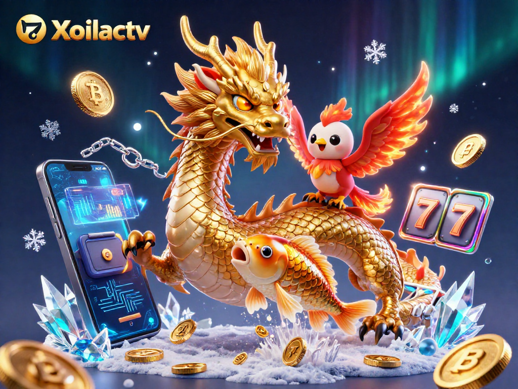 Xoilactv showcases a vibrant scene with a golden dragon, phoenix, koi fish, and casino elements for big wins.