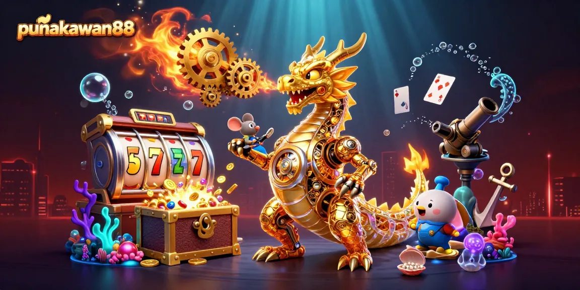 Punakawan88 showcases a vibrant gambling scene with a golden dragon amidst spinning slot reels and treasures.