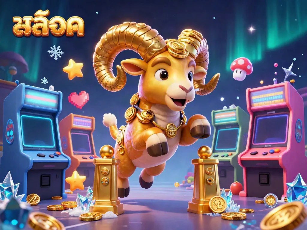 Engage with slots gameplay as a golden ram charges through vibrant casino elements, showcasing excitement.