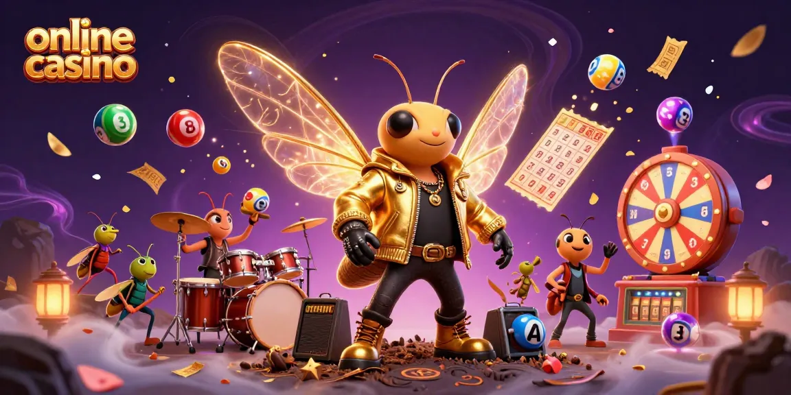 Join the excitement of the online casino with a vibrant 3D illustration of a cicada rock star and colorful game elements.