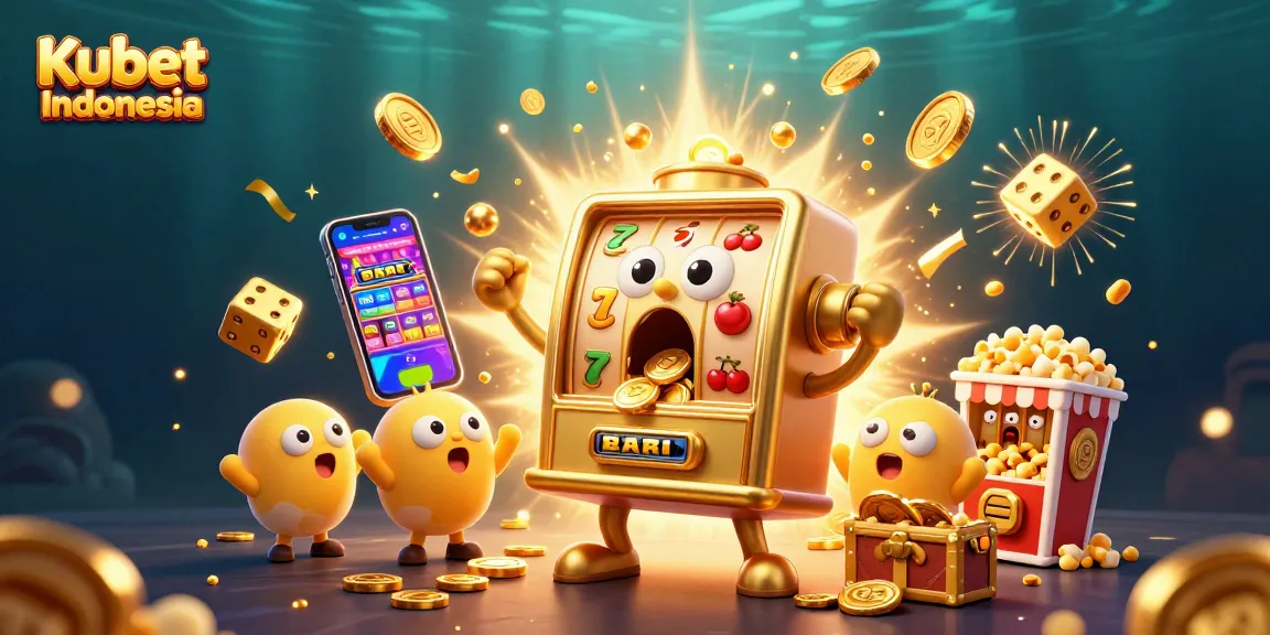 Kubet Indonesia menampilkan mesin slot emas 3D yang kejutan jackpot dengan koin jatuh, mesin slot anak bersorak, dan teman popcorn.