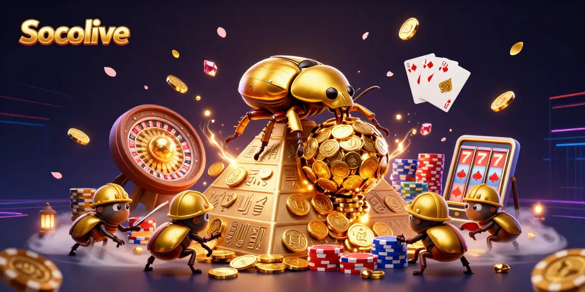 Socolive showcases a 3D visualization of golden beetles in a casino setting, rolling coins to symbolize gambling fortune.