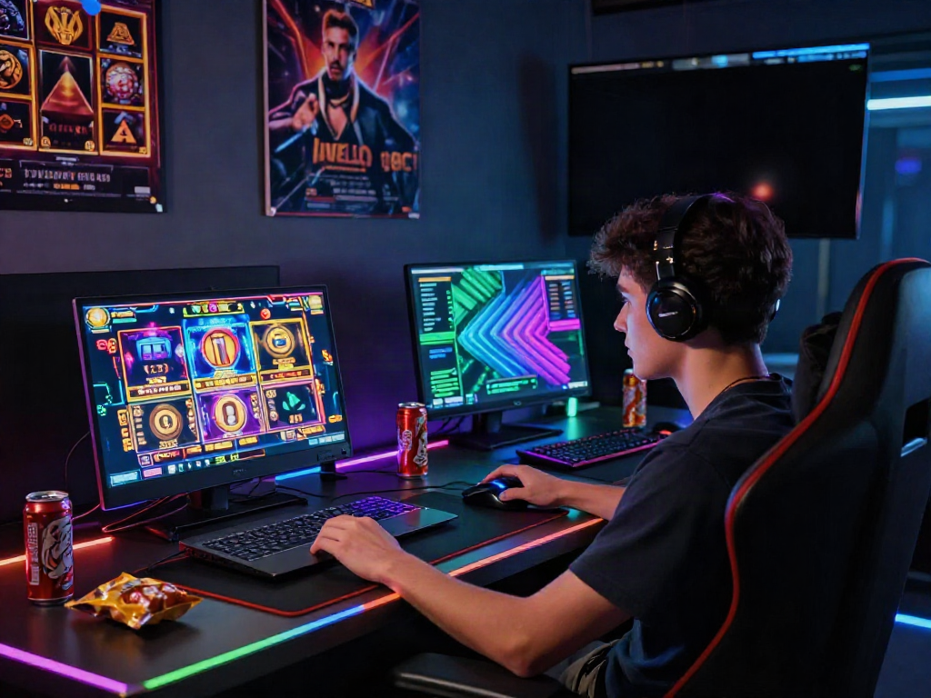 User engaged in ทดลองสล็อต gaming at modern setup with vibrant graphics and LED lights.