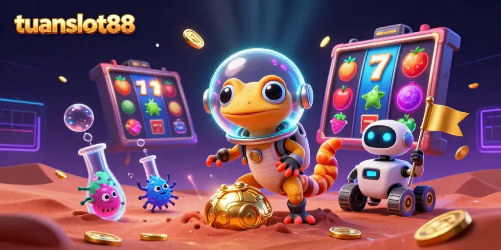 Penggemar tuanslot88 menikmati permainan slot yang meriah dengan karakter kartun alien.
