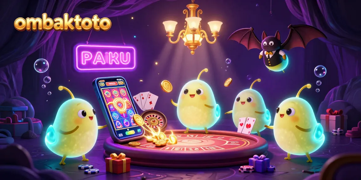 Play slots at ombaktoto's vibrant casino with glowing glowworms and a bat dealer.