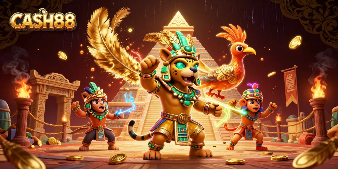 Immerse in CASH88's vibrant casino scene, featuring a Mayan jaguar priest and golden quetzal bird.