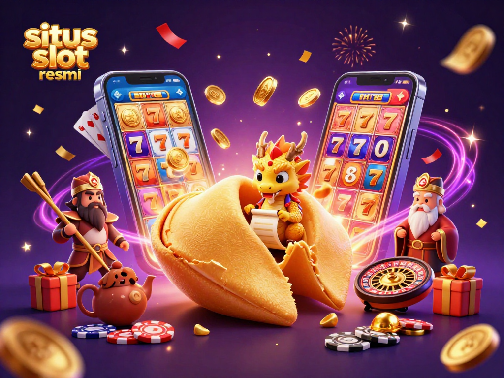 Sparkling slots experience at situs slot resmi, showcasing a dragon with a fortune cookie amidst casino elements.