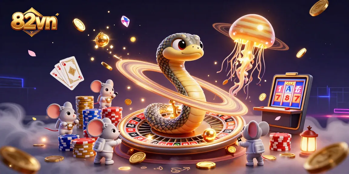 Experience the thrill with 82vn as cartoon astronauts bet on a cosmic roulette wheel featuring a Saturn snake.
